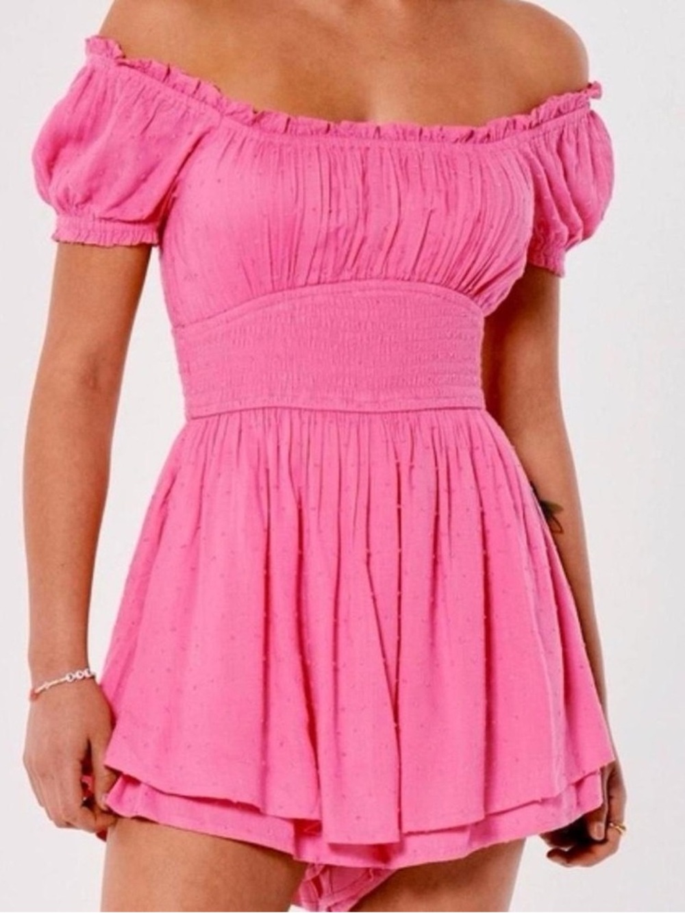 Hollister Hot Pink Off-Shoulder Smocked Mini Romper Dress